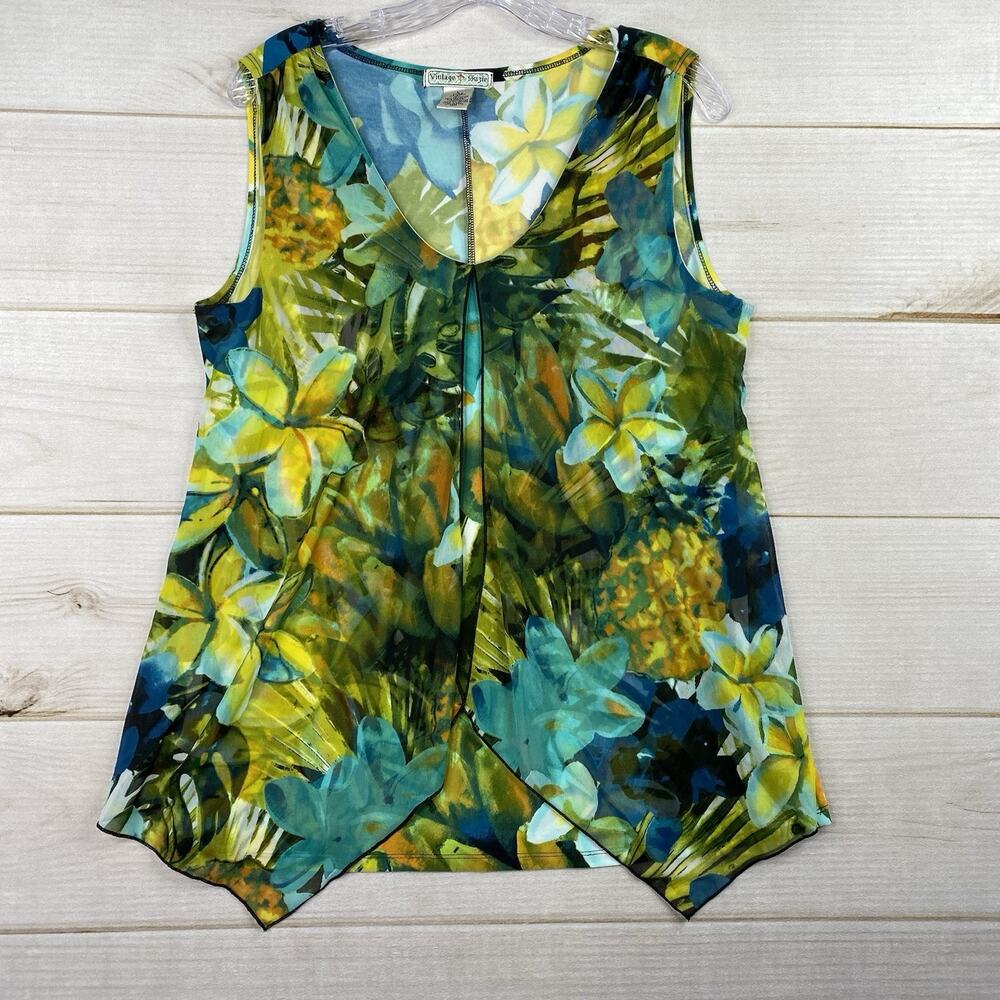 VINTAGE SUZIE Top Sz L Retro Floral Sleeveless Mesh Overlay Artsy Fairy Scoop